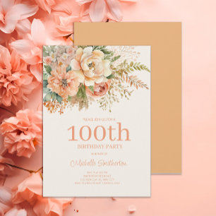 Invitación Cumpleaños 100 de Floral de Crema de Melocotón