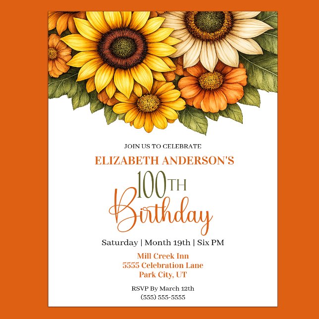 Invitación Cumpleaños 100 de Pretty Sunflower (Pretty Sunflower 100th Birthday Invitation For Women.)