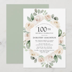 Invitación Cumpleaños 100 de Rosa Blanca Floral Eucalipto