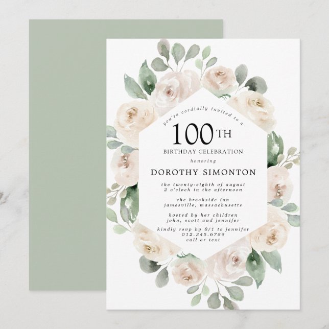 Invitación Cumpleaños 100 de Rosa Blanca Floral Eucalipto (Anverso / Reverso)