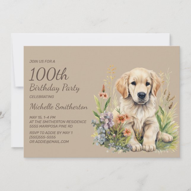 Invitación Cumpleaños 100 del adorable cachorro de Golden Ret (Anverso)