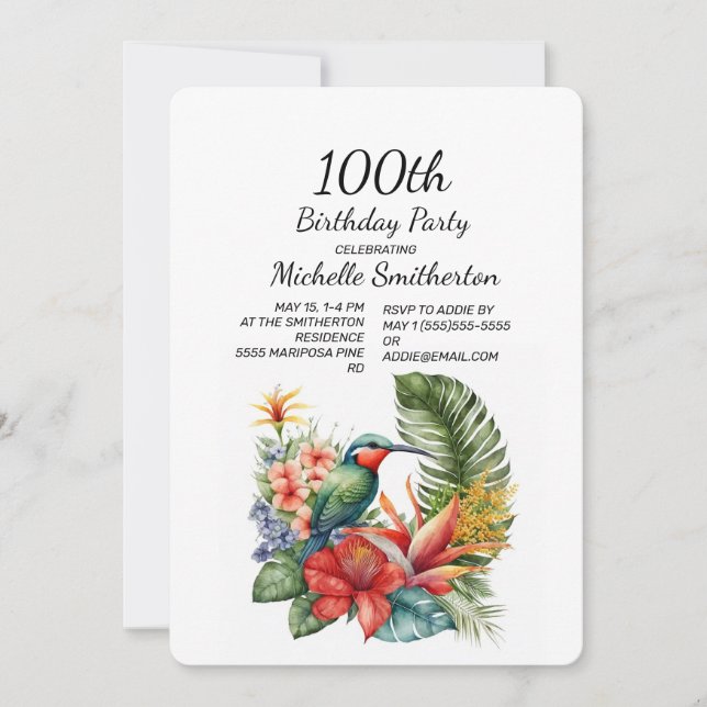Invitación Cumpleaños 100 del Colibrí Floral Tropical (Anverso)