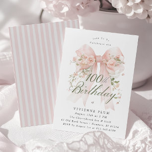 Invitación Cumpleaños 100 Elegante Acuarela Floral Rosa