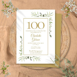 Invitación Cumpleaños 100 Elegante con Acuarela Dorada y Verd
