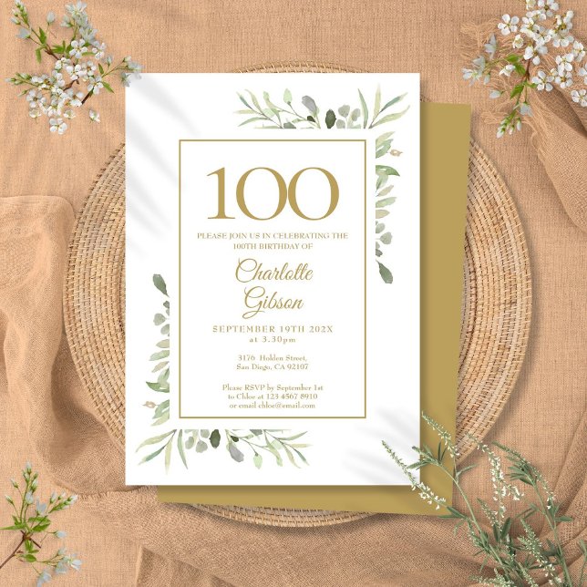 Invitación Cumpleaños 100 Elegante con Acuarela Dorada y Verd (Elegant Gold Watercolor Greenery 100th Birthday Invitation)