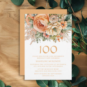Invitación Cumpleaños 100 Elegante Floral Crema de Melocotón