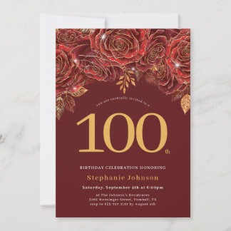 Invitación Cumpleaños 100 Elegante Floral Dorado Borgoña
