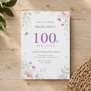 Invitación Cumpleaños 100 Elegante Floral Salvia Púrpura