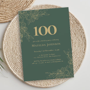 Invitación Cumpleaños 100 Elegante Floral Verde Dorado Floral
