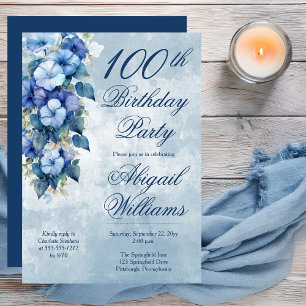 Invitación Cumpleaños 100 Elegante Gloria Matutina Floral Azu