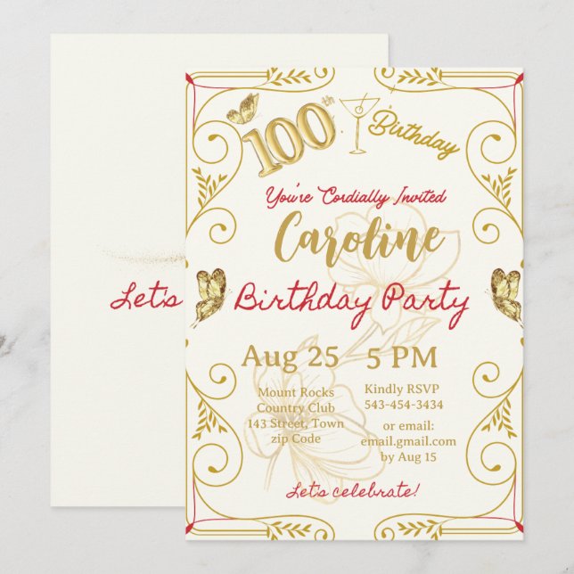 Invitación Cumpleaños 100 Elegante Hito (Anverso / Reverso)