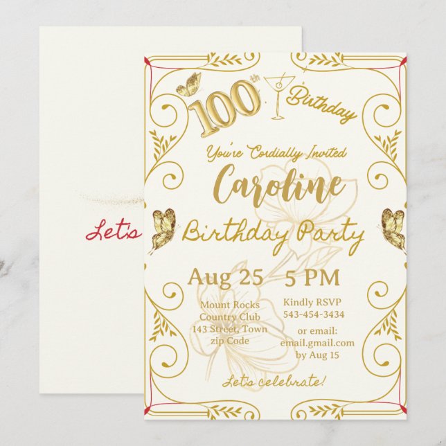 Invitación Cumpleaños 100 Elegante Hito (Anverso / Reverso)
