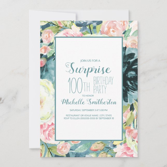 Invitación Cumpleaños 100 Elegante Rosa Crema Verde Teal  (Anverso)