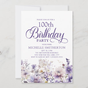 Invitación Cumpleaños 100 Floral Acuarela Púrpura