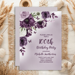 Invitación Cumpleaños 100 Flores Blancas Moradas Mariposas