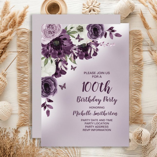 Invitación Cumpleaños 100 Flores Blancas Moradas Mariposas (Purple floral and butterflies 100th birthday party invitation)