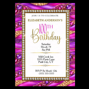 Invitación Cumpleaños 100 Glam Pink Gold Joyas Strata