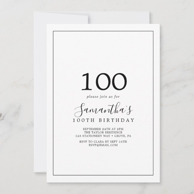 Invitación Cumpleaños 100 minimalista (Anverso)