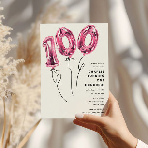 Invitación Cumpleaños 100 Minimalista Rosa Globo 100