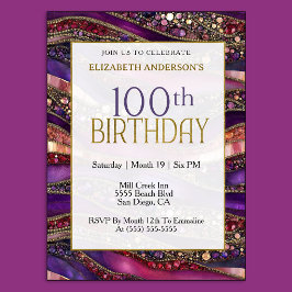 Invitación Cumpleaños 100 Moderno con Joyas de Oro y Púrpura