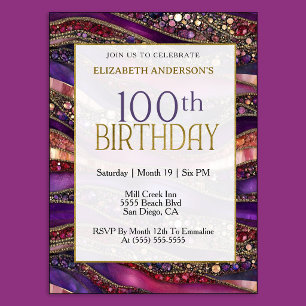 Invitación Cumpleaños 100 Moderno con Joyas de Oro y Púrpura
