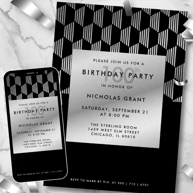 Invitación Cumpleaños 100 Moderno Negro con Hojuela de Plata  (Subido por el creador)