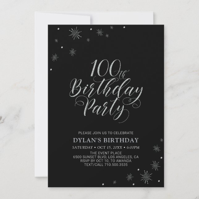 Invitación Cumpleaños 100 Moderno Silver & Black | Fiesta de  (Anverso)