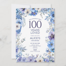 Invitación Cumpleaños 100, Morado y Floral Azul, hito