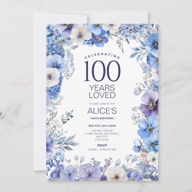 Invitación Cumpleaños 100, Morado y Floral Azul, hito (Anverso)