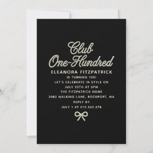 Invitación Cumpleaños 100 negro blanco Perla Script Bow