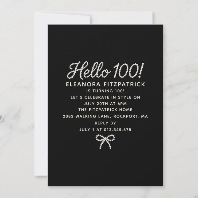 Invitación Cumpleaños 100 Negro Blanco Perla Script Lazo (Anverso)