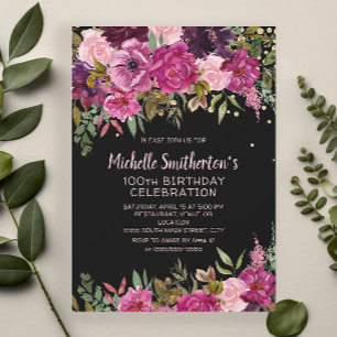 Invitación Cumpleaños 100 Negro Rosa Purpura Floral Brillante
