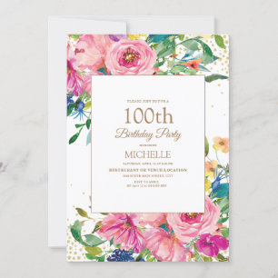 Invitación Cumpleaños 100 Pink Floral Amarillo Dorado Brillan