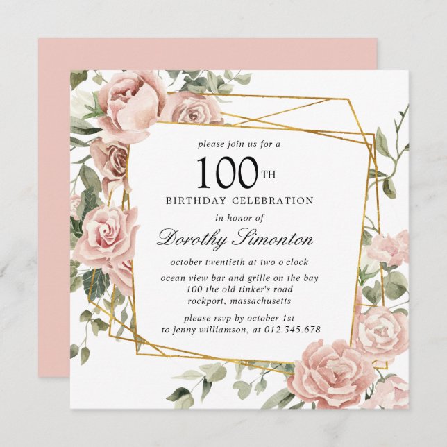 Invitación Cumpleaños 100 Rosa Floral Rosa Polvo (Anverso / Reverso)