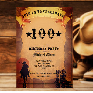 Invitación cumpleaños 100 vaquero papel viejo caballo montand