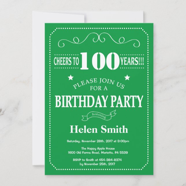 Invitación Cumpleaños 100 Verde y Blanco (Anverso)