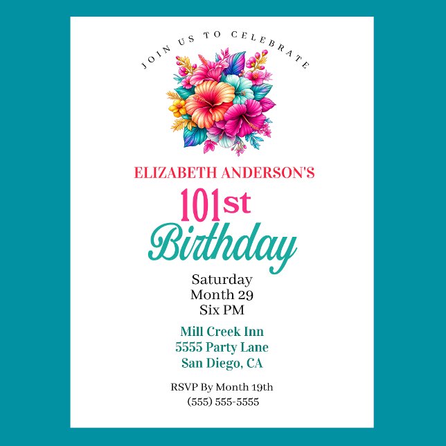Invitación Cumpleaños 101 de Flores Tropicales (Tropical Flowers 101st Birthday Invitation For Women.)