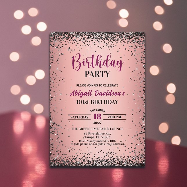 Invitación Cumpleaños 101 Elegante Glitter Metálico Rosa (Subido por el creador)