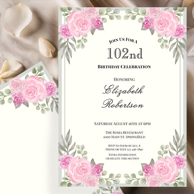 Invitación Cumpleaños 102 de flores rosadas y verde salvia (Subido por el creador)