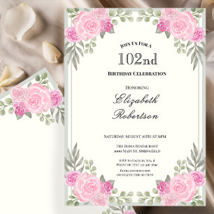 Invitación Cumpleaños 102 en Rosa y Verde Salvia Floral