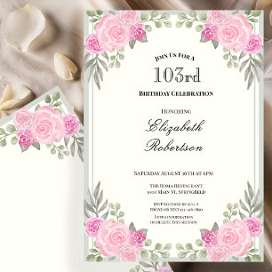 Invitación Cumpleaños 103 Floral Rosa y Verde Menta