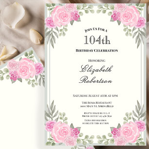 Invitación Cumpleaños 104 de flores rosadas y verdes menta