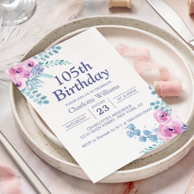 Invitación Cumpleaños 105 Floral Rosa 105 Años (105th Birthday Floral Pink 105 Years Invitation
)