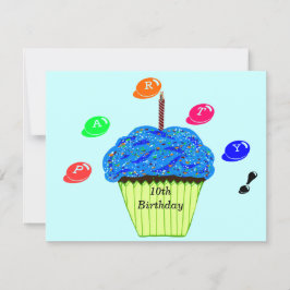 Invitación Cumpleaños 10 Azul Verde Cupcakes Fiesta