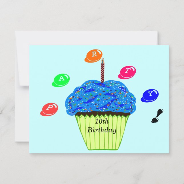 Invitación Cumpleaños 10 Azul Verde Cupcakes Fiesta (Anverso)