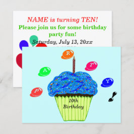 Invitación Cumpleaños 10 Azul Verde Cupcakes Fiesta Cualquier
