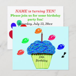 Invitación Cumpleaños 10 Azul Verde Cupcakes Fiesta Cualquier