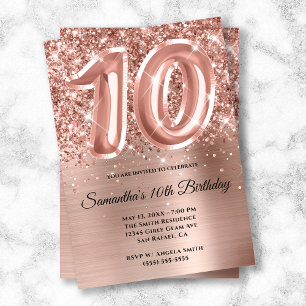 Invitación Cumpleaños 10 Brillante Glam Rosa Dorado Purpurina
