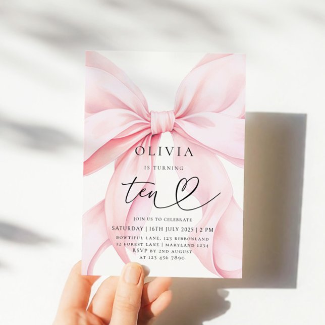 Invitación Cumpleaños 10 con Lazo Rosa Fiesta (Subido por el creador)