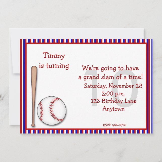 Invitación Cumpleaños 10 de Béisbol (Anverso)